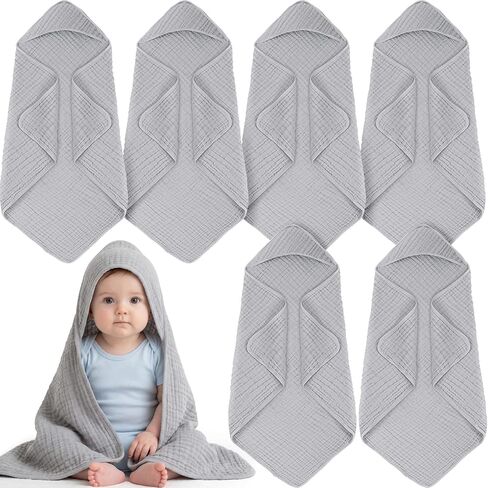 Breling 3 Pcs Hooded Baby Towels, 32 x 32 Inch 100% Muslin Cotton Newborn Bath Towel Absorbent Blankets Bath Essentials Registry Gift for Newborn, Infant Baby, Toddlers (Light Gray) in Kuwait