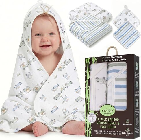 Bamboo Viscose Rich 2 Hooded Baby Towels 28x28 in & 2 Washcloths 10x10 in in Kuwait