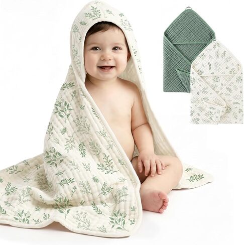 Tunnkit Hooded Towel, 2 Pack Muslin Baby Bath Towels, 32 x 32 Inch | Soft & Absorbent, Newborn, Infant & Toddler, Sage Green & Sage Leaf, Baby Bath Essentials in Kuwait