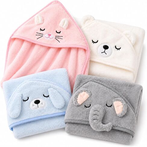 4-Pack Hooded Baby Towels, Premium Soft & Ultra Absorbent Bath Towel for Newborn, Infant, Toddler - Essential for Boys and Girls (Pink+White+Blue+Gray-4pack) in Kuwait
