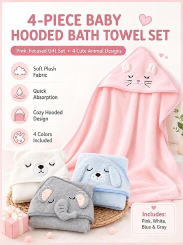 4-Pack Hooded Baby Towels, Premium Soft & Ultra Absorbent Bath Towel for Newborn, Infant, Toddler - Essential for Boys and Girls (Pink+White+Blue+Gray-4pack) in Kuwait