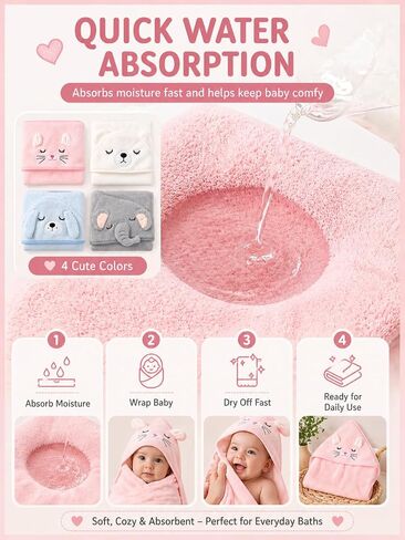4-Pack Hooded Baby Towels, Premium Soft & Ultra Absorbent Bath Towel for Newborn, Infant, Toddler - Essential for Boys and Girls (Pink+White+Blue+Gray-4pack) in Kuwait