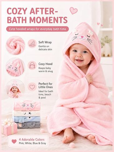 4-Pack Hooded Baby Towels, Premium Soft & Ultra Absorbent Bath Towel for Newborn, Infant, Toddler - Essential for Boys and Girls (Pink+White+Blue+Gray-4pack) in Kuwait
