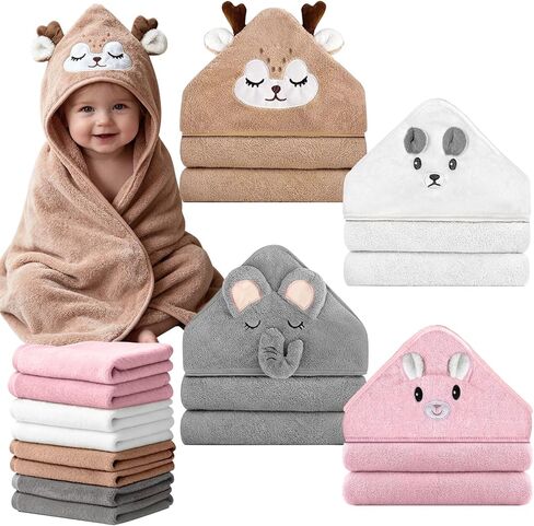 12 Pcs Baby Bath Towels Set, 4 Pcs 31"x31" Hooded Bath Towels, 8 Pcs 10"x10" Baby Washcloths for Newborns, Toddlers and Kids, Soft Baby Towel Set for Boys and Girls. in Kuwait