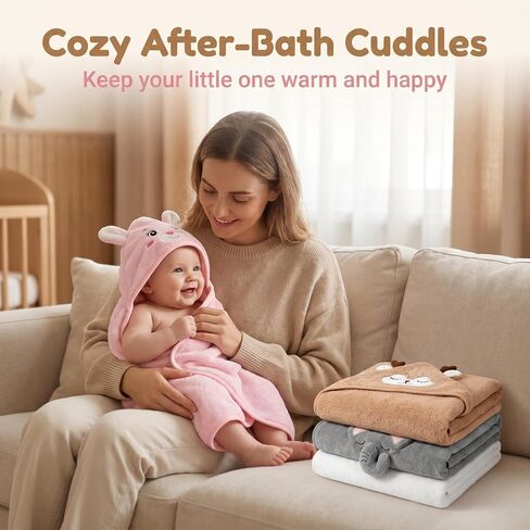 12 Pcs Baby Bath Towels Set, 4 Pcs 31"x31" Hooded Bath Towels, 8 Pcs 10"x10" Baby Washcloths for Newborns, Toddlers and Kids, Soft Baby Towel Set for Boys and Girls. in Kuwait