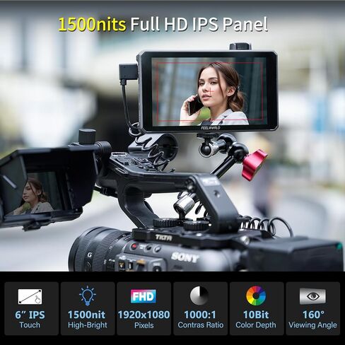 FEELWORLD 6" On Camera Field Monitor SC6, 1500Nits Touch Screen DSLR HDMI Video Monitor, 3G-SDI 4K 60Hz, 3D LUT Aluminum Shell Display for Directors, Photographers (Includes Battery, Sunshade, Case) in Kuwait