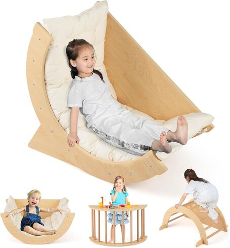 Costzon Kids Wooden Arch Rocker with Cushion, 6-in-1 Montessori Climbing Toys for Toddlers, Children Indoor Sensory Table Climbing Gym Learning Playset, Arch Climber Ladder for Kids Gift Presents in Kuwait