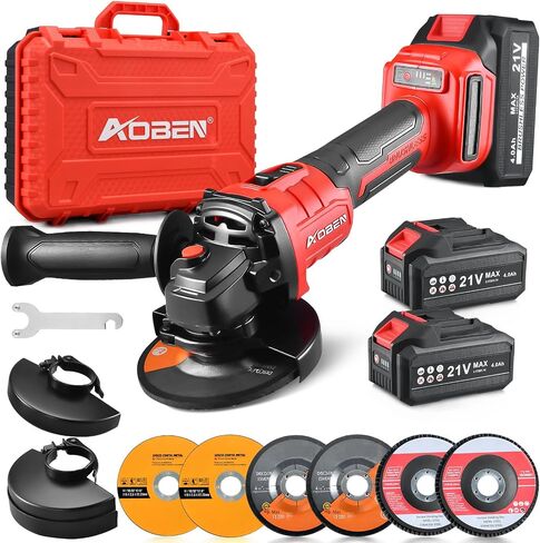 AOBEN Cordless Angle Grinder 4-1/2 inch, 21V Battery Grinder Kit, Power Electric Cut Off Tool, Brushless Motor, 2x4.0Ah Battery & Charger, for Metal Cutting, Grinding, Polishing in Kuwait