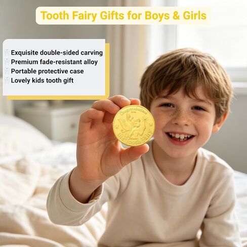Tooth Fairy Gifts for Boys & Girls, Tooth Fairy Coins Keepsake Kit, Letter from Tooth Fairy, Golden Tokens with Tooth Pouch (1PC) in Kuwait