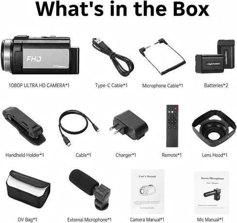 Video Camera Camcorder Full HD 1080P 36MP 16x Zoom for YouTube | Vlog camera with 270° rotatable screen, stereo microphone, dual battery included. in Kuwait