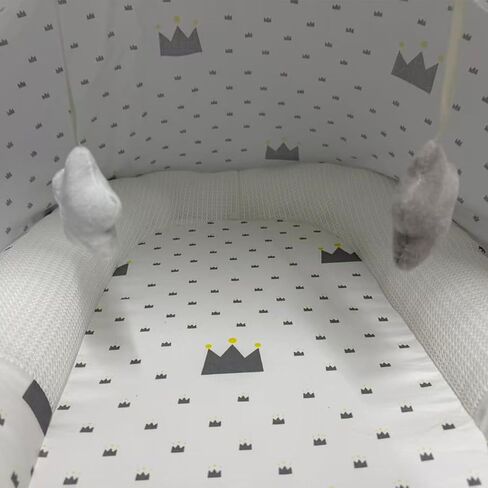 Baby Lounger with Canopy Portable & Foldable 0-12Months-Grey Crown | Breathable Cotton Material,Portable Infant Lounger,Baby Play Mat,Supervised Use,Baby Essentials Gifts for Home and Travel in Kuwait