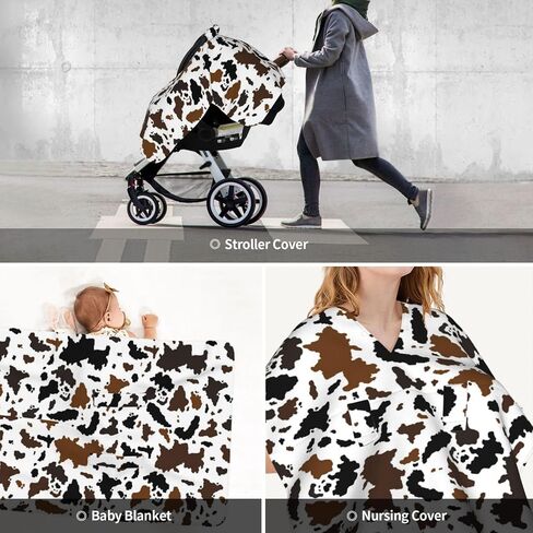 Cow Skin Baby Car Seat Canopy Cover Multi Use Nursing Cover for Newborn Car Seat Canopy Mom Nursing Breastfeeding Covers Newborn Shower Gift | Privacy protection windproof secure coverage skin-friendly Brown Black Cow Skin in Kuwait