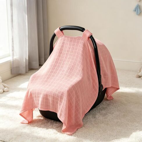 Muslin Car Seat Cover Baby, Ultra Breathable Baby Carseat Cover for Girls Boys, Lightweight Infant Car Seat Cover, Universal Stroller Cover for Sunshade, Babies Essentials for Outdoor in Summer, Pink in Saudi Arabia
