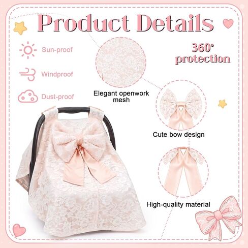 Chumia Baby Car Seat Canopy Cover Car Seat Cover for Girls Boys with Bow Stroller and Cart Covers Carseat Nursing Covers for Infant Newborn Gift, Pink in Kuwait