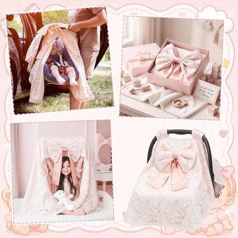 Chumia Baby Car Seat Canopy Cover Car Seat Cover for Girls Boys with Bow Stroller and Cart Covers Carseat Nursing Covers for Infant Newborn Gift, Pink in Kuwait