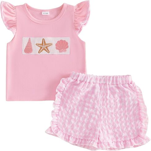 Seyurigaoka Toddler Baby Girls Summer Clothes Short Sleeve T-shirt Top Ruffle Elastic Shorts 2Pcs Cute Outfits in Kuwait