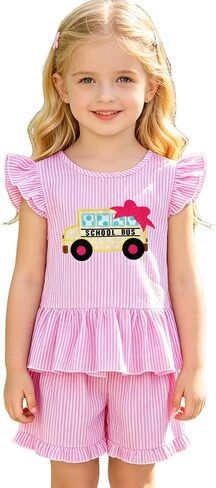 Ritatte Toddler Girl Back to School Outfit Kids Bus Embroidery Ruffled Sleeve T-Shirts Shorts Set First Day of School Clothes in Kuwait