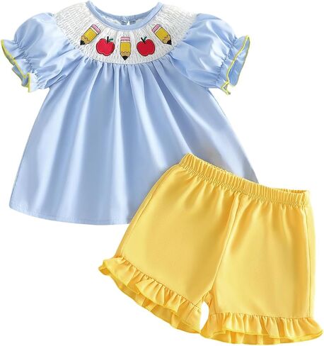 Back to School Little Toddler Girls Outfit Pre K First Day of School Smocked T-Shirt Dress Top Ruffle Shorts Set in Kuwait