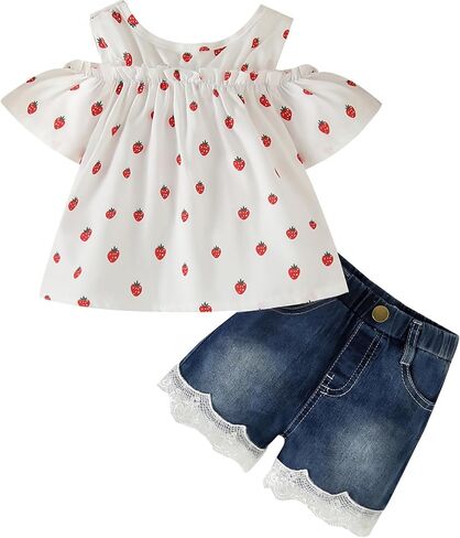 Toddler Baby Girls Clothes Outfit Summer Ruffled Off Shoulder Short Sleeve Floral Shirts Tops Denim Shorts Set in Kuwait