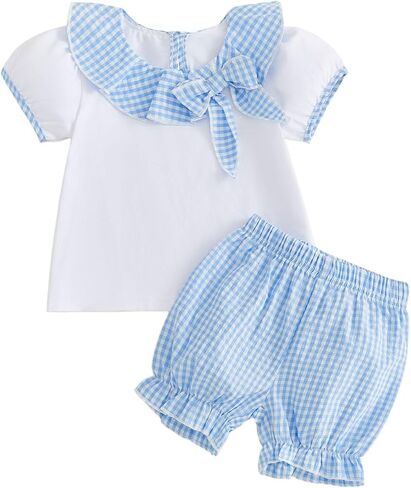 Kuriozud Toddler Baby Girl Clothes Doll Collar Short Sleeve Shirts Top Ruffle Shorts Set Cute 2 Piece Summer Outfits in Kuwait
