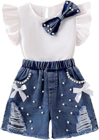 WDIRARA Toddler Girl's 2 Piece Shorts Outfits Bow Ruffle Sleeve Tee Denim Shorts Set Cute Outfits in Kuwait