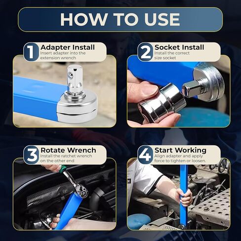Offset Extension Wrench 15" Alloy Steel Ratchet Extension Tool with 1/4", 3/8", 1/2" Square Drive Adapters & 1/4" Socket, High Torque Offset Wrench for Tight Space Engine, AC, Pump & Mechanical Repair in Kuwait