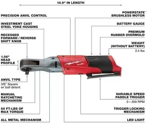 2557-20 Cordless Brushless Ratchet for Milwaukee M12 FUEL 3/8" Ratchet Red - Tool Only in Kuwait