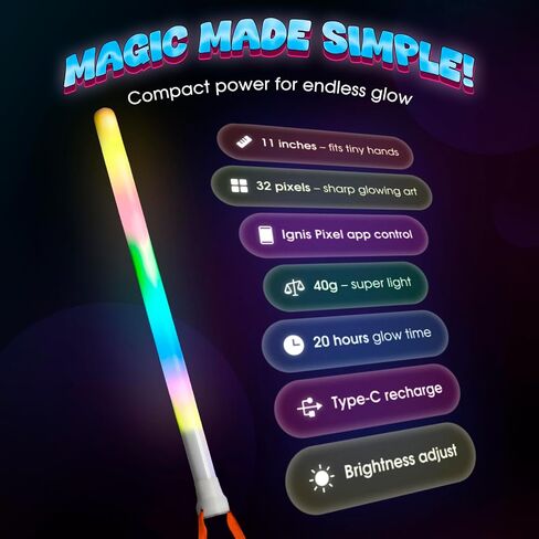 Ignis Pixel 32 Programmable LED Light Stick, 32 RGB Pixels, App Control, Custom Pictures and Animations, USB-C Rechargeable, 11 Inches, Glow Wand for Parties, Concerts, Night Light in Kuwait