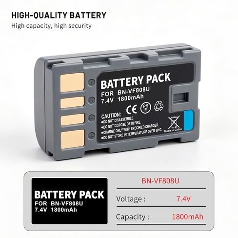 2-Pack BN-VF808 BNVF808 Battery with Dual Charger for JVC GZ-HD HD3 HD5 | HD200, GZ-HM HM1 HM150, GZ-MG MG120 MG130 MS90 MS100, GR-D720,GS-TD1,GZ-X900,GC-PX10 Cameras 1800mAh in Kuwait