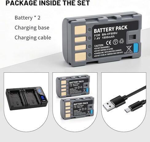 2-Pack BN-VF808 BNVF808 Battery with Dual Charger for JVC GZ-HD HD3 HD5 | HD200, GZ-HM HM1 HM150, GZ-MG MG120 MG130 MS90 MS100, GR-D720,GS-TD1,GZ-X900,GC-PX10 Cameras 1800mAh in Kuwait
