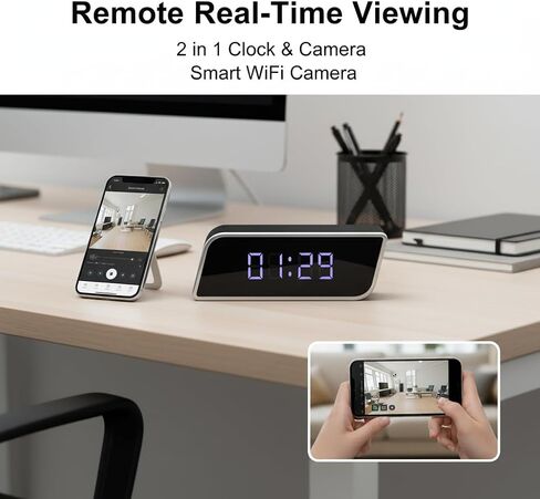 ULar 1080P Clock Camera,HD Night Vision WiFi Cameras, Remote View, Local Storage, 2600mAh Battery, Motion Detection, Smart Cam, No Audio in Kuwait