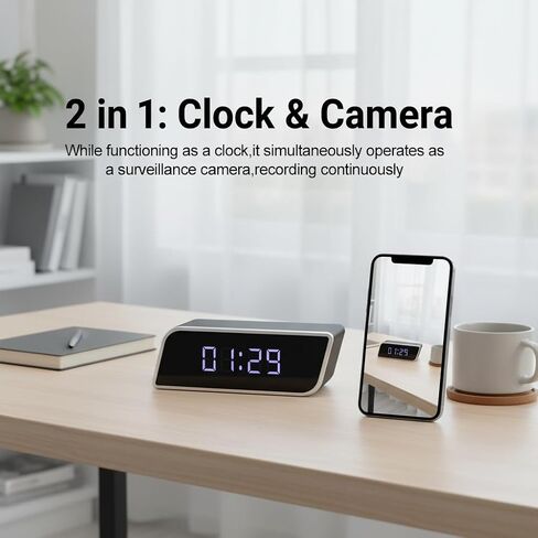 ULar 1080P Clock Camera,HD Night Vision WiFi Cameras, Remote View, Local Storage, 2600mAh Battery, Motion Detection, Smart Cam, No Audio in Kuwait