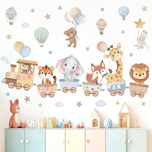 wondever Jungle Animals Train Wall Stickers Hot Air Balloon Animals Elephant Giraffe Peel and Stick Wall Art Decals for Baby Nursery Kids Room Toddler Room in Kuwait