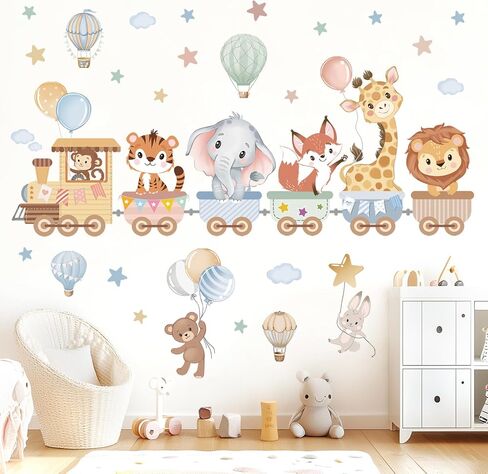 wondever Jungle Animals Train Wall Stickers Hot Air Balloon Animals Elephant Giraffe Peel and Stick Wall Art Decals for Baby Nursery Kids Room Toddler Room in Kuwait