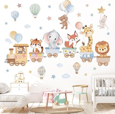 wondever Jungle Animals Train Wall Stickers Hot Air Balloon Animals Elephant Giraffe Peel and Stick Wall Art Decals for Baby Nursery Kids Room Toddler Room in Kuwait