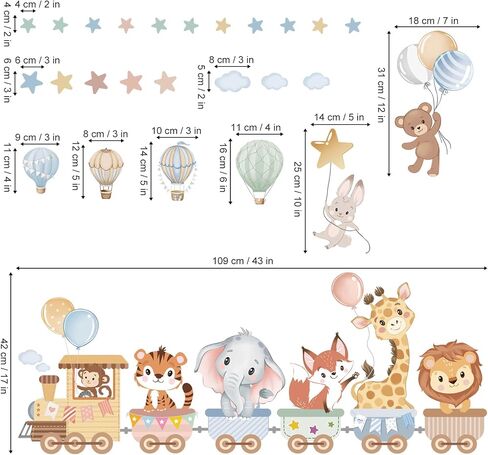 wondever Jungle Animals Train Wall Stickers Hot Air Balloon Animals Elephant Giraffe Peel and Stick Wall Art Decals for Baby Nursery Kids Room Toddler Room in Kuwait