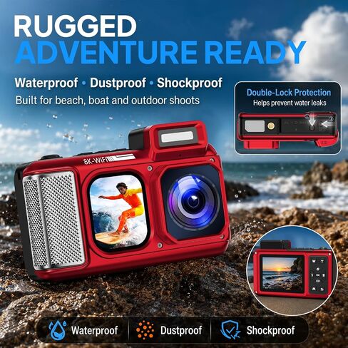 Maxmango D50 8K Underwater Camera, 70MP 33FT Waterproof Digital Camera with Dual Screens, Point and Shoot Camera for Snorkeling, Swimming, Surfing, Beach Travel, 2500mAh Battery, Orange (16GB) in Saudi Arabia