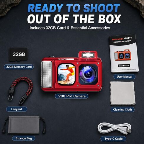 Maxmango D50 8K Underwater Camera, 70MP 33FT Waterproof Digital Camera with Dual Screens, Point and Shoot Camera for Snorkeling, Swimming, Surfing, Beach Travel, 2500mAh Battery, Orange (16GB) in Saudi Arabia
