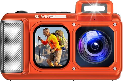 Maxmango V08 Pro Underwater Camera, 49FT Waterproof Camera 8K 90MP WiFi Digital Camera with 2.88" Touchscreen, Dual Screens, Dustproof Shockproof Camera for Snorkeling Diving, 32GB Card, Orange in Kuwait