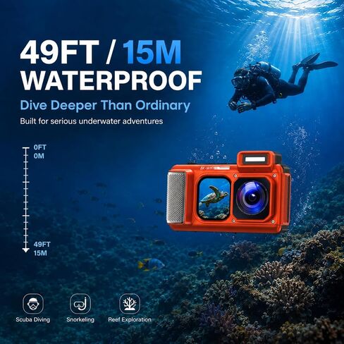 Maxmango V08 Pro Underwater Camera, 49FT Waterproof Camera 8K 90MP WiFi Digital Camera with 2.88" Touchscreen, Dual Screens, Dustproof Shockproof Camera for Snorkeling Diving, 32GB Card, Orange in Kuwait