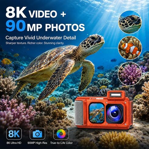 Maxmango V08 Pro Underwater Camera, 49FT Waterproof Camera 8K 90MP WiFi Digital Camera with 2.88" Touchscreen, Dual Screens, Dustproof Shockproof Camera for Snorkeling Diving, 32GB Card, Orange in Kuwait