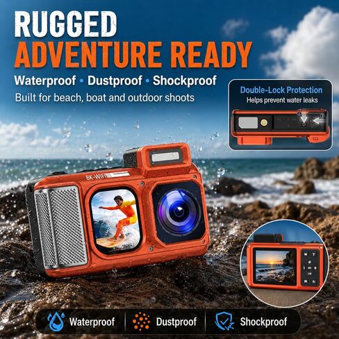 Maxmango V08 Pro Underwater Camera, 49FT Waterproof Camera 8K 90MP WiFi Digital Camera with 2.88" Touchscreen, Dual Screens, Dustproof Shockproof Camera for Snorkeling Diving, 32GB Card, Orange in Kuwait