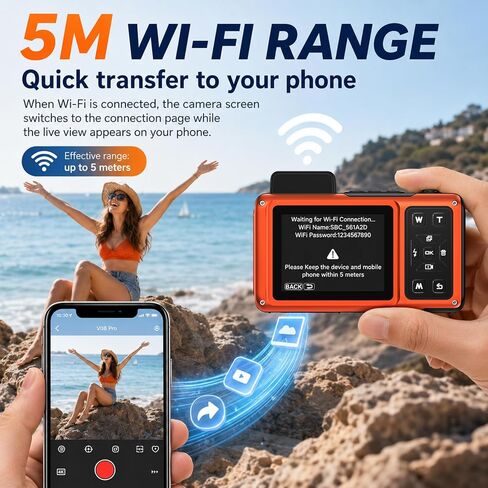 Maxmango V08 Pro Underwater Camera, 49FT Waterproof Camera 8K 90MP WiFi Digital Camera with 2.88" Touchscreen, Dual Screens, Dustproof Shockproof Camera for Snorkeling Diving, 32GB Card, Orange in Kuwait