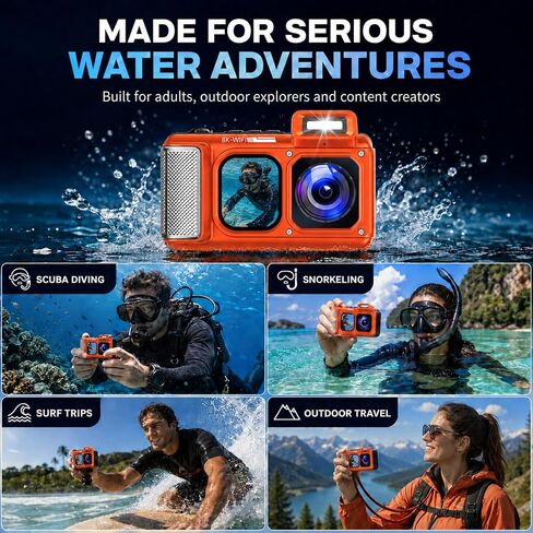 Maxmango V08 Pro Underwater Camera, 49FT Waterproof Camera 8K 90MP WiFi Digital Camera with 2.88" Touchscreen, Dual Screens, Dustproof Shockproof Camera for Snorkeling Diving, 32GB Card, Orange in Kuwait