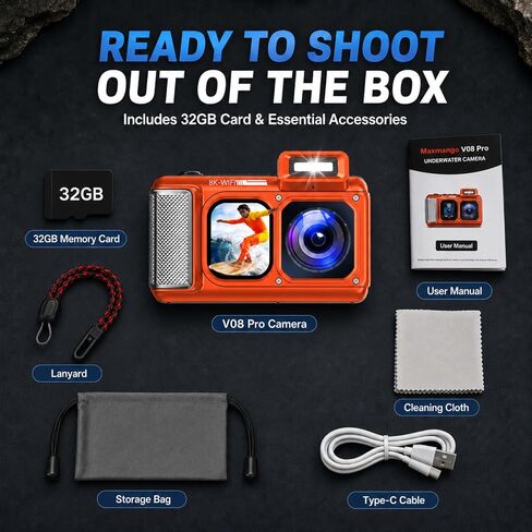 Maxmango V08 Pro Underwater Camera, 49FT Waterproof Camera 8K 90MP WiFi Digital Camera with 2.88" Touchscreen, Dual Screens, Dustproof Shockproof Camera for Snorkeling Diving, 32GB Card, Orange in Kuwait