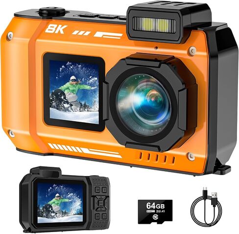 70MP 33FT Waterproof Digital Camera 64GB Card，UHD 8K Underwater Camera, in Kuwait
