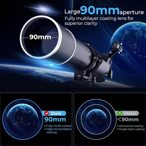 FAMIROSA Telescope for Adults High Powered, 90mm Aperture (36X-270X) 900mm Focal Length Refractor Astronomy Telescopes for Planets and Stars, Professional Telescopio with Bag, Phone Adapter, Tripod in Kuwait