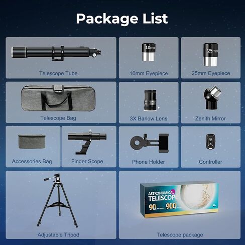 FAMIROSA Telescope for Adults High Powered, 90mm Aperture (36X-270X) 900mm Focal Length Refractor Astronomy Telescopes for Planets and Stars, Professional Telescopio with Bag, Phone Adapter, Tripod in Kuwait