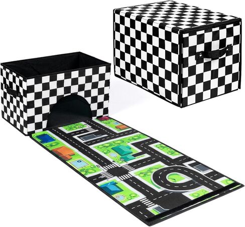 HFKPJRT Toy Car Storage Box with Play Mat, 2-in-1 Collapsible Car Organizer Garage with Racetrack, Large Toy Organizer Bin for Kids Boys Girls, Storage Container for Toys, Trucks, Vehicles in Kuwait