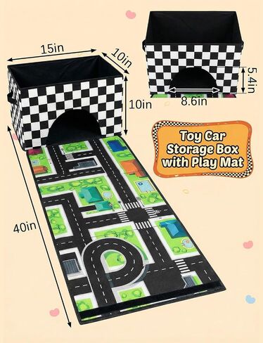 HFKPJRT Toy Car Storage Box with Play Mat, 2-in-1 Collapsible Car Organizer Garage with Racetrack, Large Toy Organizer Bin for Kids Boys Girls, Storage Container for Toys, Trucks, Vehicles in Kuwait